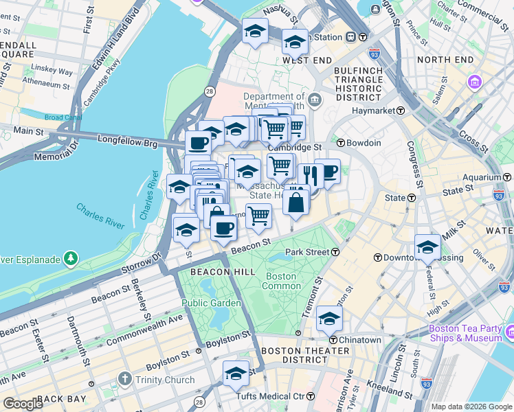 map of restaurants, bars, coffee shops, grocery stores, and more near in Boston