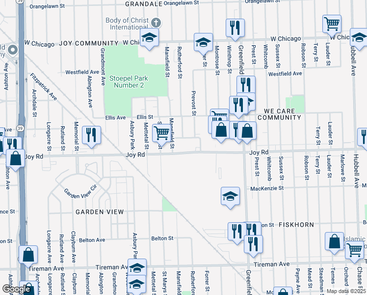 map of restaurants, bars, coffee shops, grocery stores, and more near 15860 Joy Road in Detroit