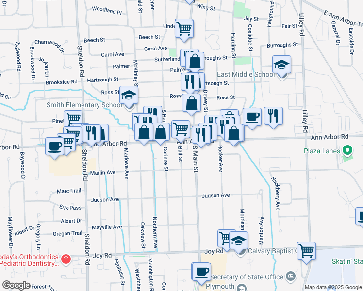map of restaurants, bars, coffee shops, grocery stores, and more near 895 Ann Arbor Road in Plymouth