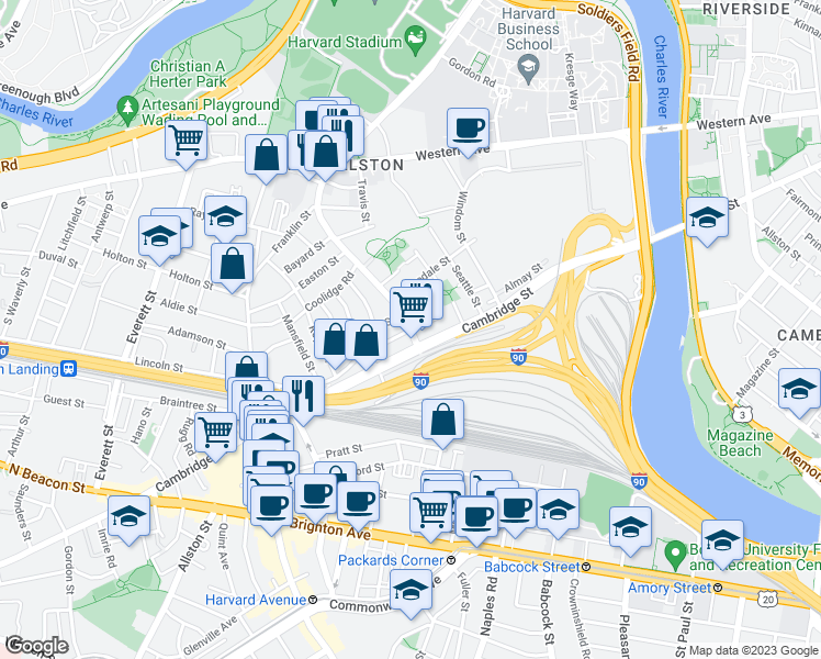 map of restaurants, bars, coffee shops, grocery stores, and more near N Harvard St & Empire St in Boston