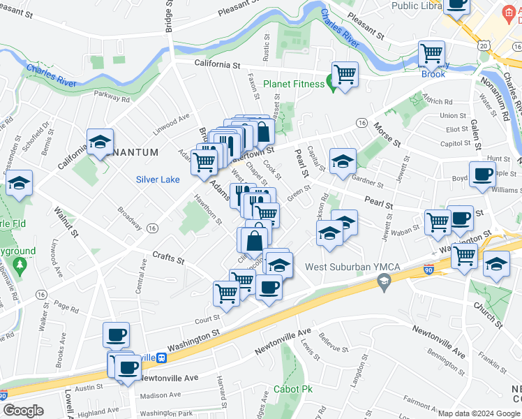 map of restaurants, bars, coffee shops, grocery stores, and more near 79 West Street in Newton