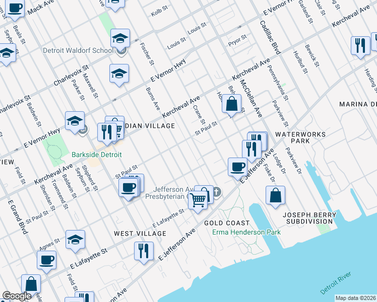 map of restaurants, bars, coffee shops, grocery stores, and more near 1488 Burns Avenue in Detroit