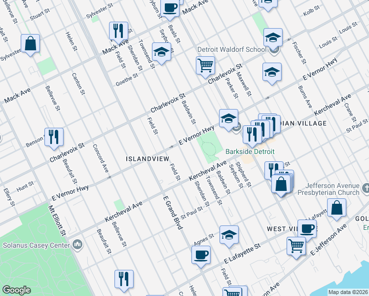 map of restaurants, bars, coffee shops, grocery stores, and more near 2238 Sheridan Street in Detroit