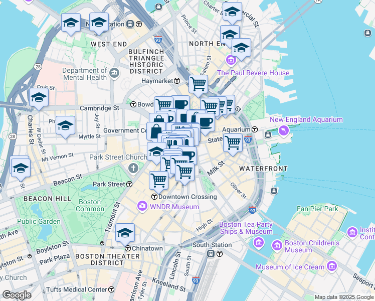 map of restaurants, bars, coffee shops, grocery stores, and more near 45 Devonshire Street in Boston