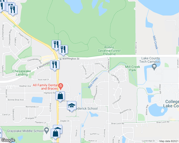 map of restaurants, bars, coffee shops, grocery stores, and more near 1061 Chadwick Drive in Grayslake