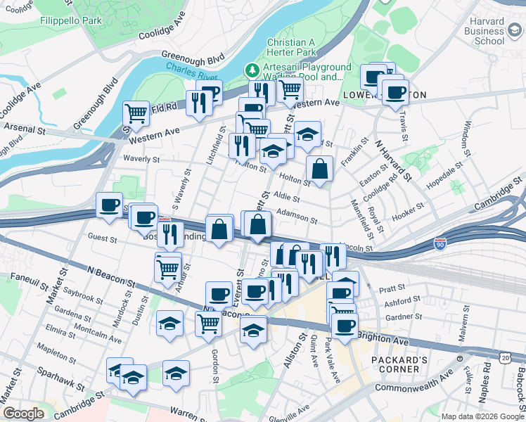 map of restaurants, bars, coffee shops, grocery stores, and more near 163 Everett Street in Boston
