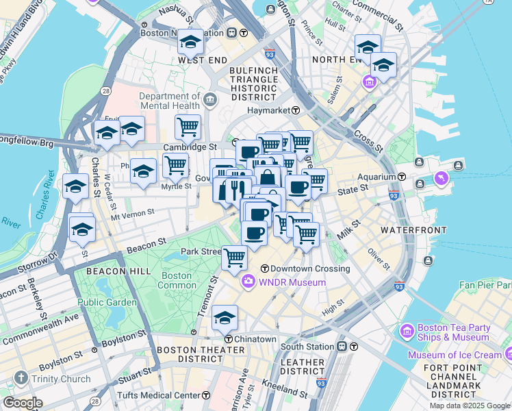 map of restaurants, bars, coffee shops, grocery stores, and more near 1 Beacon Street in Boston