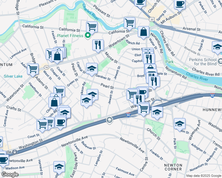 map of restaurants, bars, coffee shops, grocery stores, and more near 81 Jewett Street in Newton