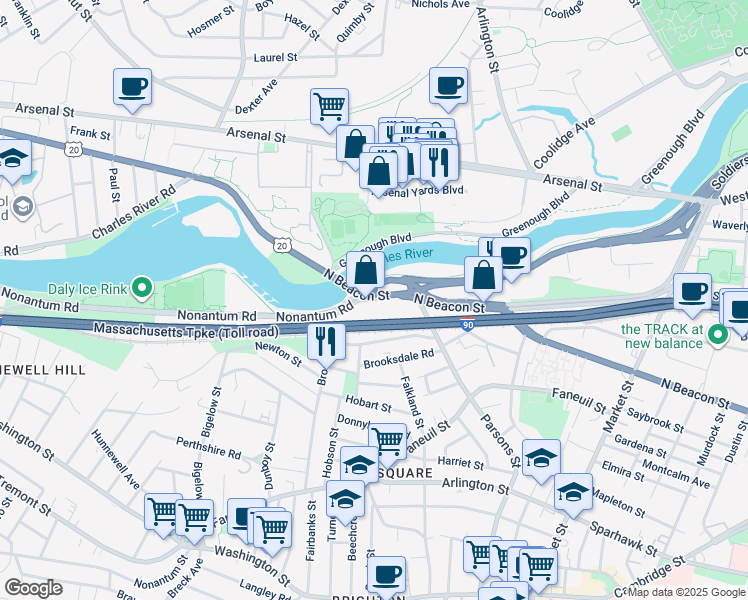 map of restaurants, bars, coffee shops, grocery stores, and more near 505 North Beacon Street in Boston