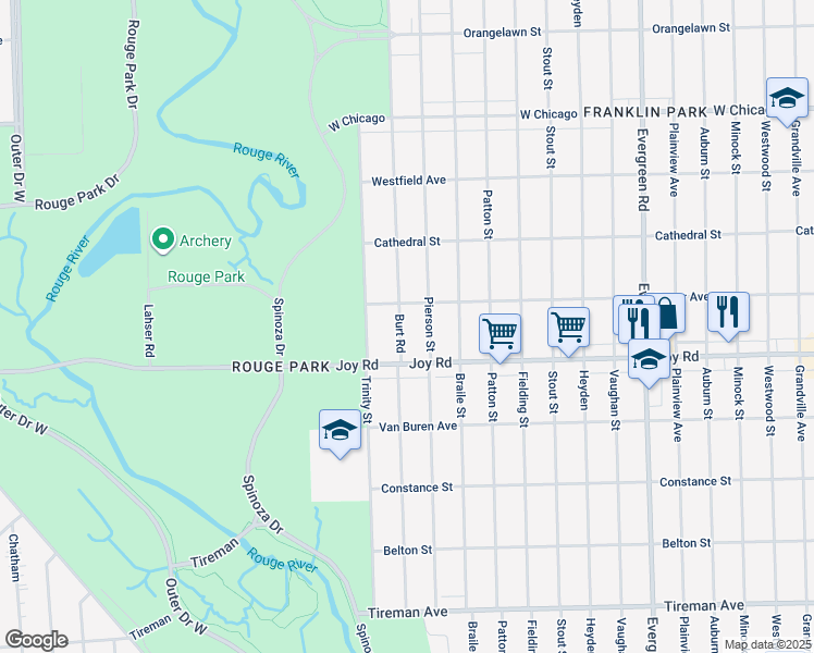 map of restaurants, bars, coffee shops, grocery stores, and more near 8866 Burt Road in Detroit