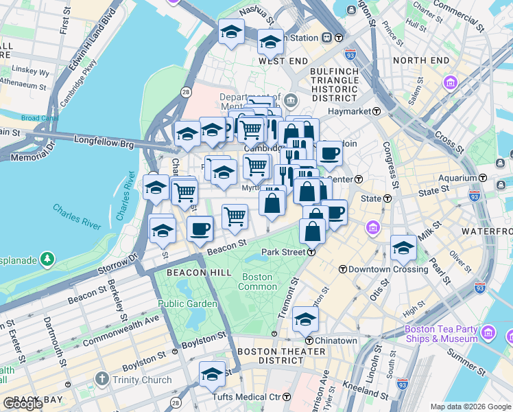 map of restaurants, bars, coffee shops, grocery stores, and more near 53 Mount Vernon Street in Boston