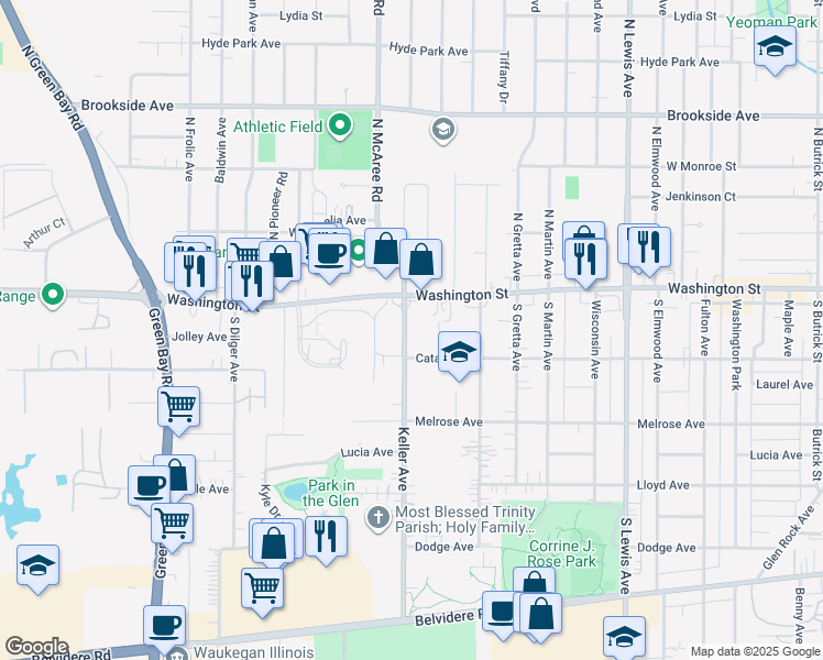 map of restaurants, bars, coffee shops, grocery stores, and more near 25 Keller Avenue in Waukegan