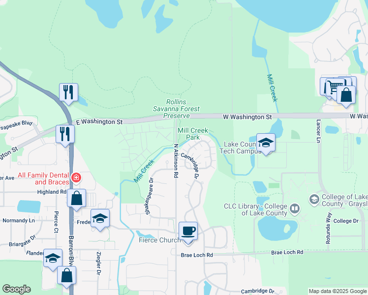 map of restaurants, bars, coffee shops, grocery stores, and more near 1101 Manchester Circle in Grayslake