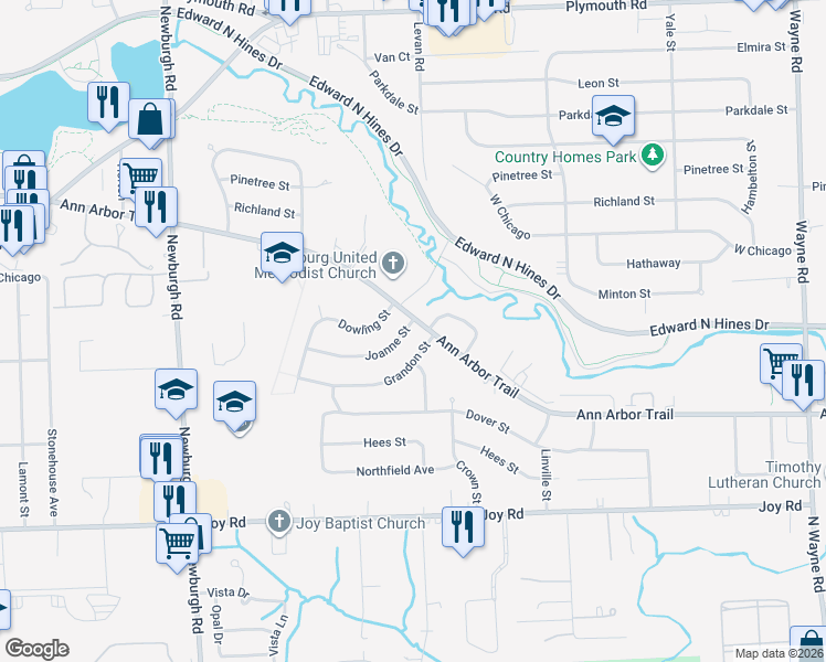 map of restaurants, bars, coffee shops, grocery stores, and more near 36353 Joanne Street in Livonia
