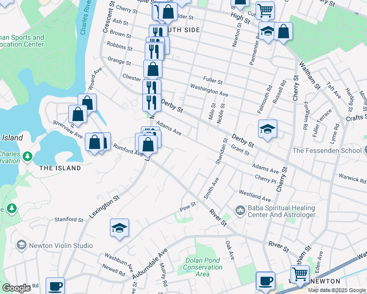 map of restaurants, bars, coffee shops, grocery stores, and more near 62 James Street in Newton