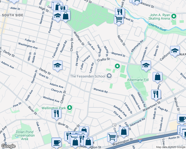 map of restaurants, bars, coffee shops, grocery stores, and more near 251 Waltham Street in Newton