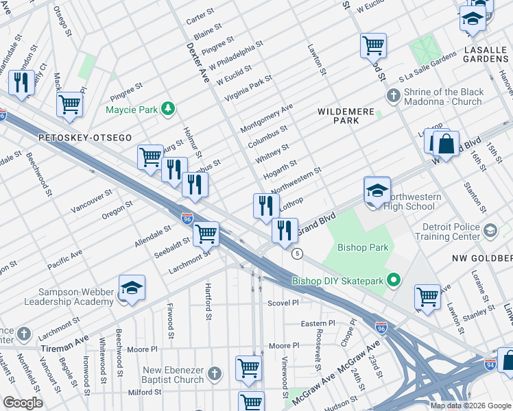 map of restaurants, bars, coffee shops, grocery stores, and more near 3731 Northwestern Street in Detroit