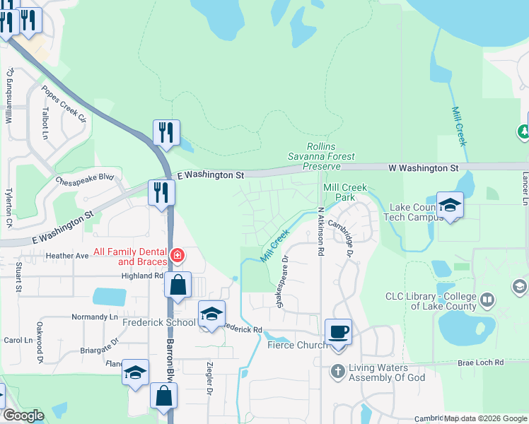 map of restaurants, bars, coffee shops, grocery stores, and more near 1061 Chadwick Drive in Grayslake