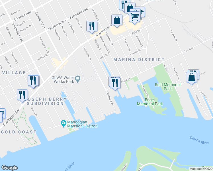 map of restaurants, bars, coffee shops, grocery stores, and more near 458 Marquette Drive in Detroit