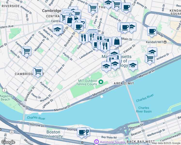 map of restaurants, bars, coffee shops, grocery stores, and more near 169 Vassar Street in Cambridge