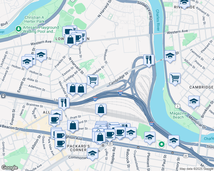 map of restaurants, bars, coffee shops, grocery stores, and more near 200 Cambridge Street in Boston
