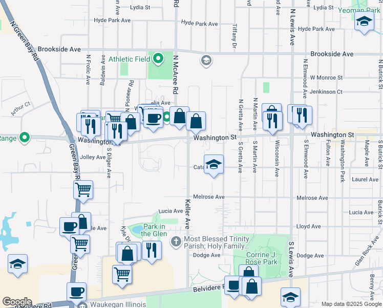 map of restaurants, bars, coffee shops, grocery stores, and more near 25 Keller Avenue in Waukegan
