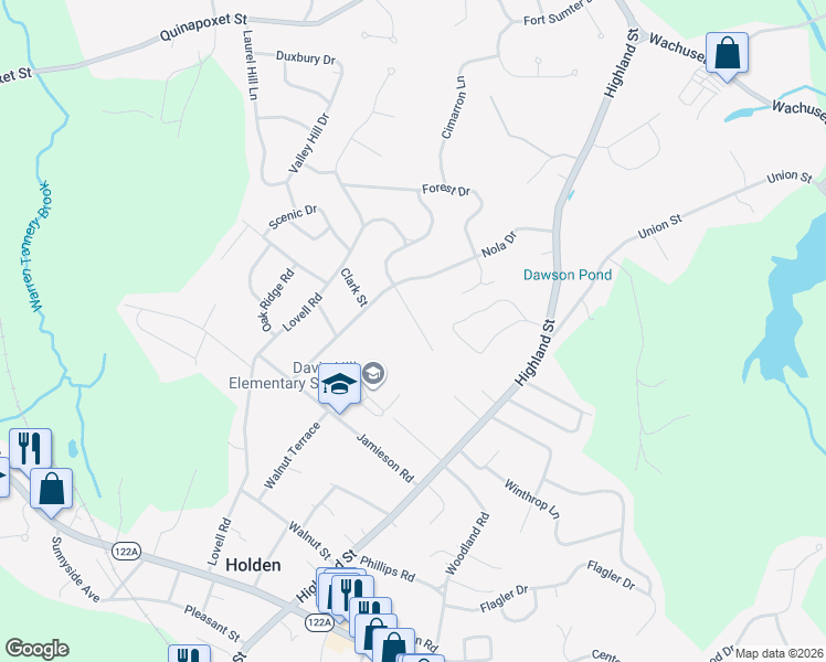 map of restaurants, bars, coffee shops, grocery stores, and more near 77 Beechwood Road in Holden