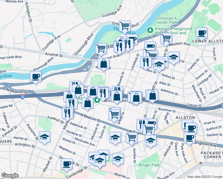 map of restaurants, bars, coffee shops, grocery stores, and more near 84 Lincoln Street in Boston