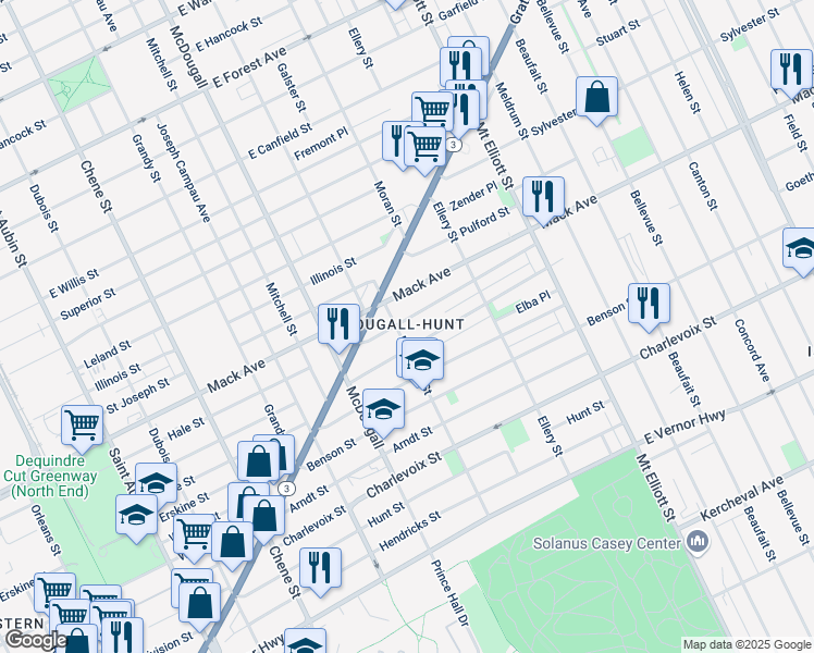 map of restaurants, bars, coffee shops, grocery stores, and more near 3540 Elmwood Street in Detroit