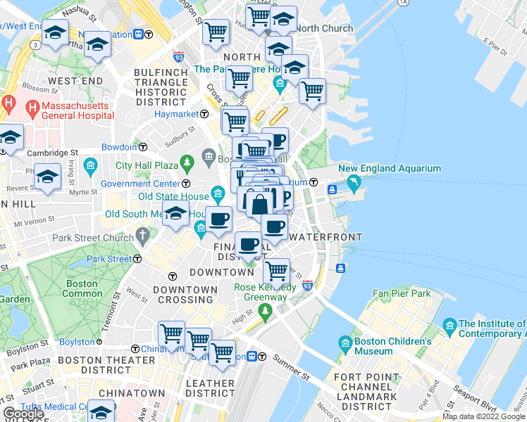 map of restaurants, bars, coffee shops, grocery stores, and more near 75 State Street in Boston