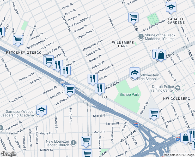 map of restaurants, bars, coffee shops, grocery stores, and more near 7411 Dexter Avenue in Detroit