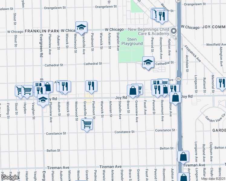 map of restaurants, bars, coffee shops, grocery stores, and more near 8844 Artesian Street in Detroit
