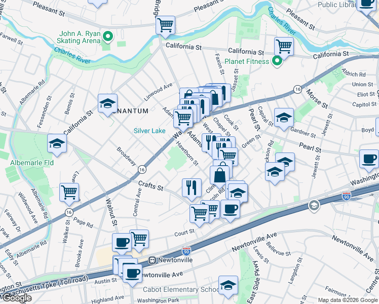 map of restaurants, bars, coffee shops, grocery stores, and more near 38 Hawthorn Street in Newton