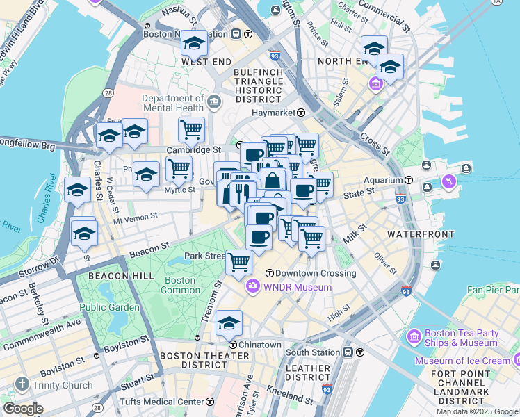 map of restaurants, bars, coffee shops, grocery stores, and more near 6 Beacon Street in Boston