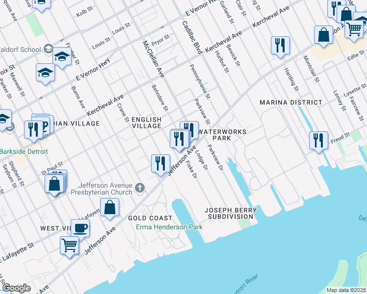 map of restaurants, bars, coffee shops, grocery stores, and more near 1227 Belvidere Street in Detroit