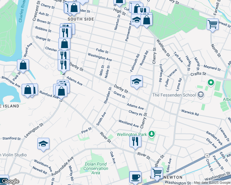 map of restaurants, bars, coffee shops, grocery stores, and more near 45 Grant Street in Newton