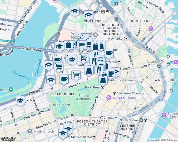map of restaurants, bars, coffee shops, grocery stores, and more near 49 Mount Vernon Street in Boston