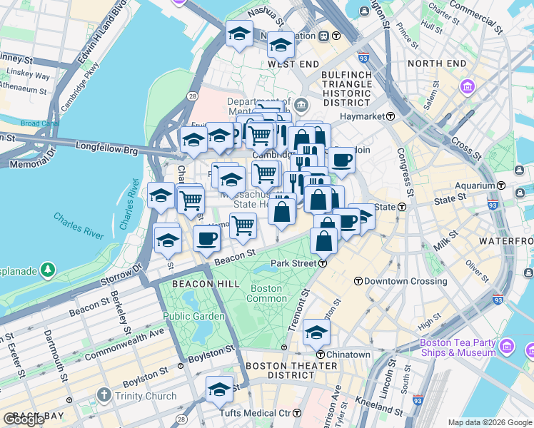 map of restaurants, bars, coffee shops, grocery stores, and more near 49 Mount Vernon Street in Boston