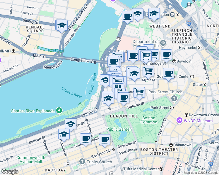map of restaurants, bars, coffee shops, grocery stores, and more near 94 Pinckney Street in Boston
