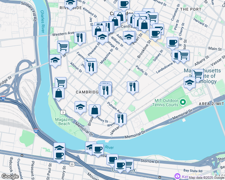 map of restaurants, bars, coffee shops, grocery stores, and more near 129 Allston Street in Cambridge