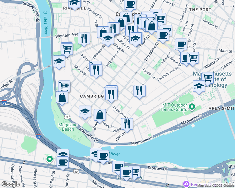 map of restaurants, bars, coffee shops, grocery stores, and more near 129 Allston Street in Cambridge