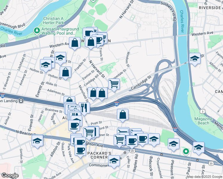 map of restaurants, bars, coffee shops, grocery stores, and more near 76 Empire Street in Boston