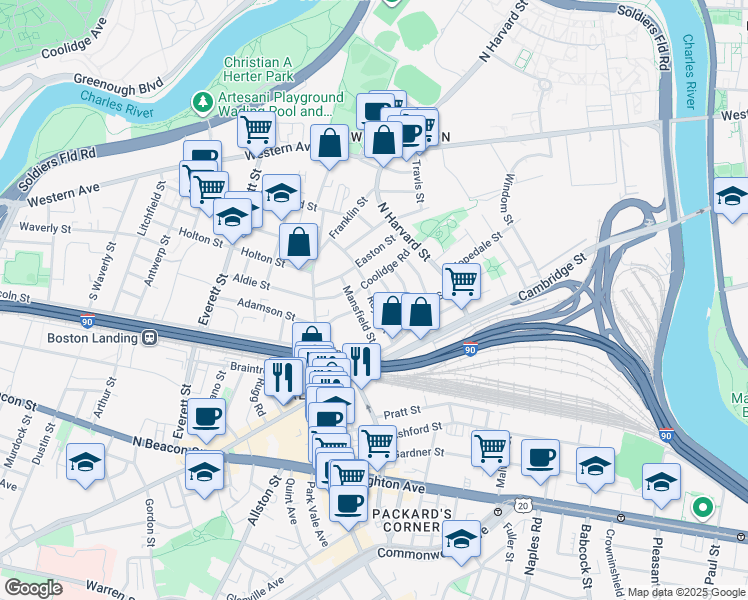 map of restaurants, bars, coffee shops, grocery stores, and more near 10 Holman Street in Boston