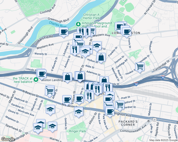 map of restaurants, bars, coffee shops, grocery stores, and more near 16 Adamson Street in Boston