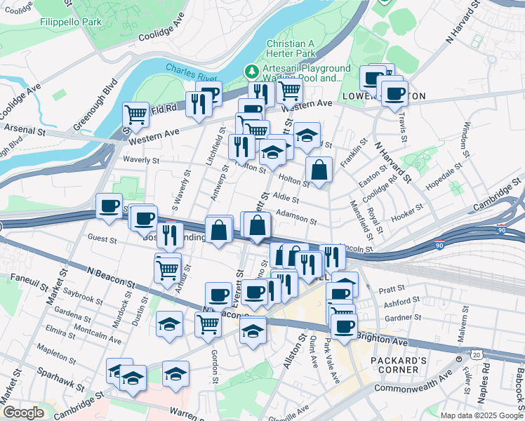 map of restaurants, bars, coffee shops, grocery stores, and more near 163 Everett Street in Boston
