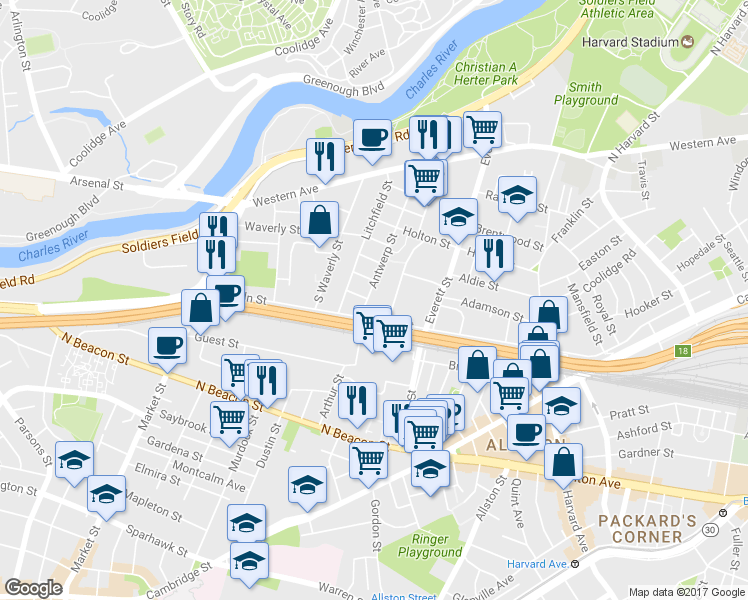 map of restaurants, bars, coffee shops, grocery stores, and more near 7 Antwerp Street in Boston