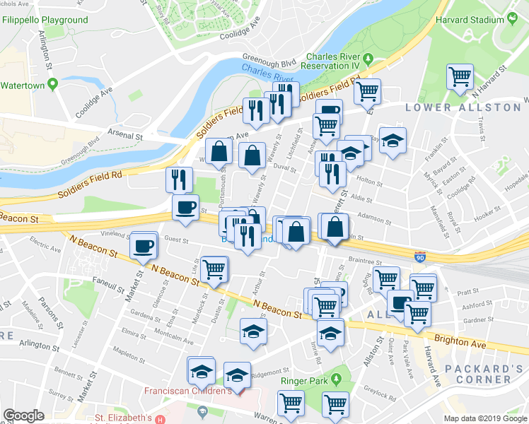 map of restaurants, bars, coffee shops, grocery stores, and more near 6 Litchfield Street in Boston