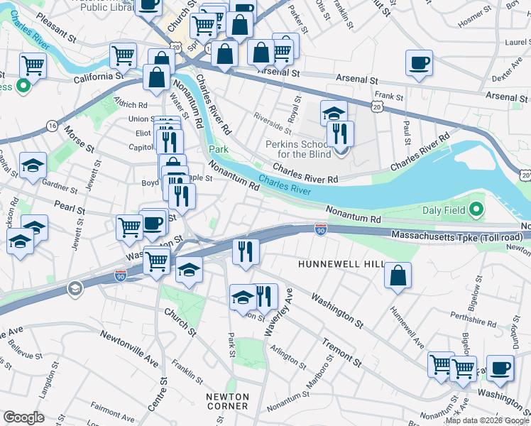 map of restaurants, bars, coffee shops, grocery stores, and more near 76 Charlesbank Road in Newton