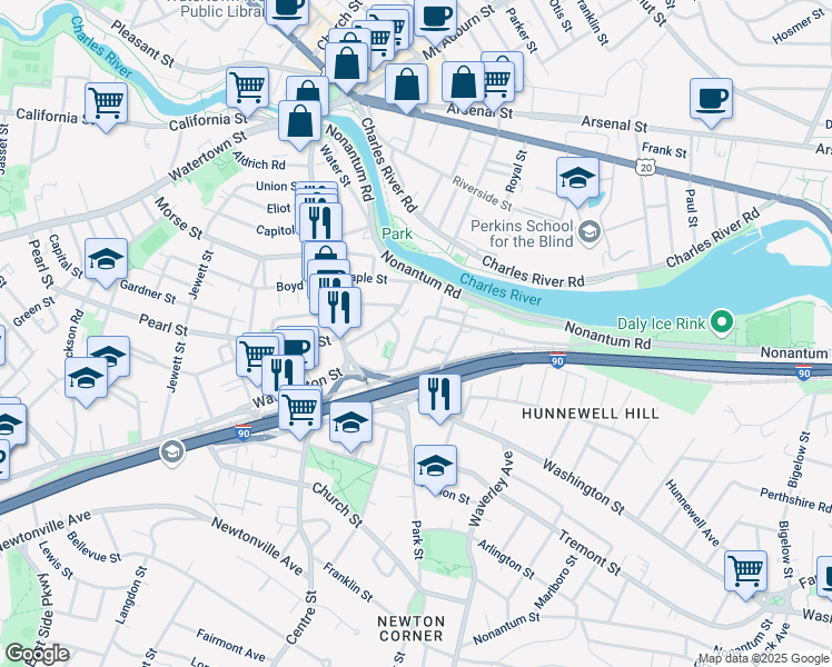 map of restaurants, bars, coffee shops, grocery stores, and more near 8 Nonantum Place in Newton