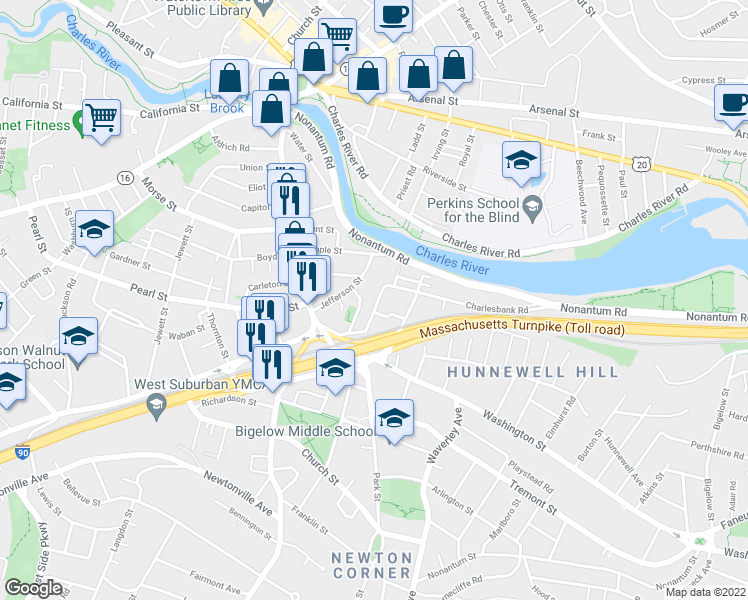 map of restaurants, bars, coffee shops, grocery stores, and more near 8 Nonantum Place in Newton